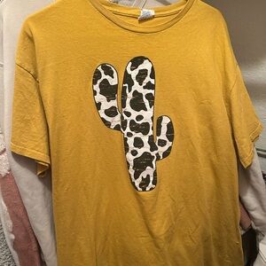 Yellow T-Shirt with Cow Print Cactus Design